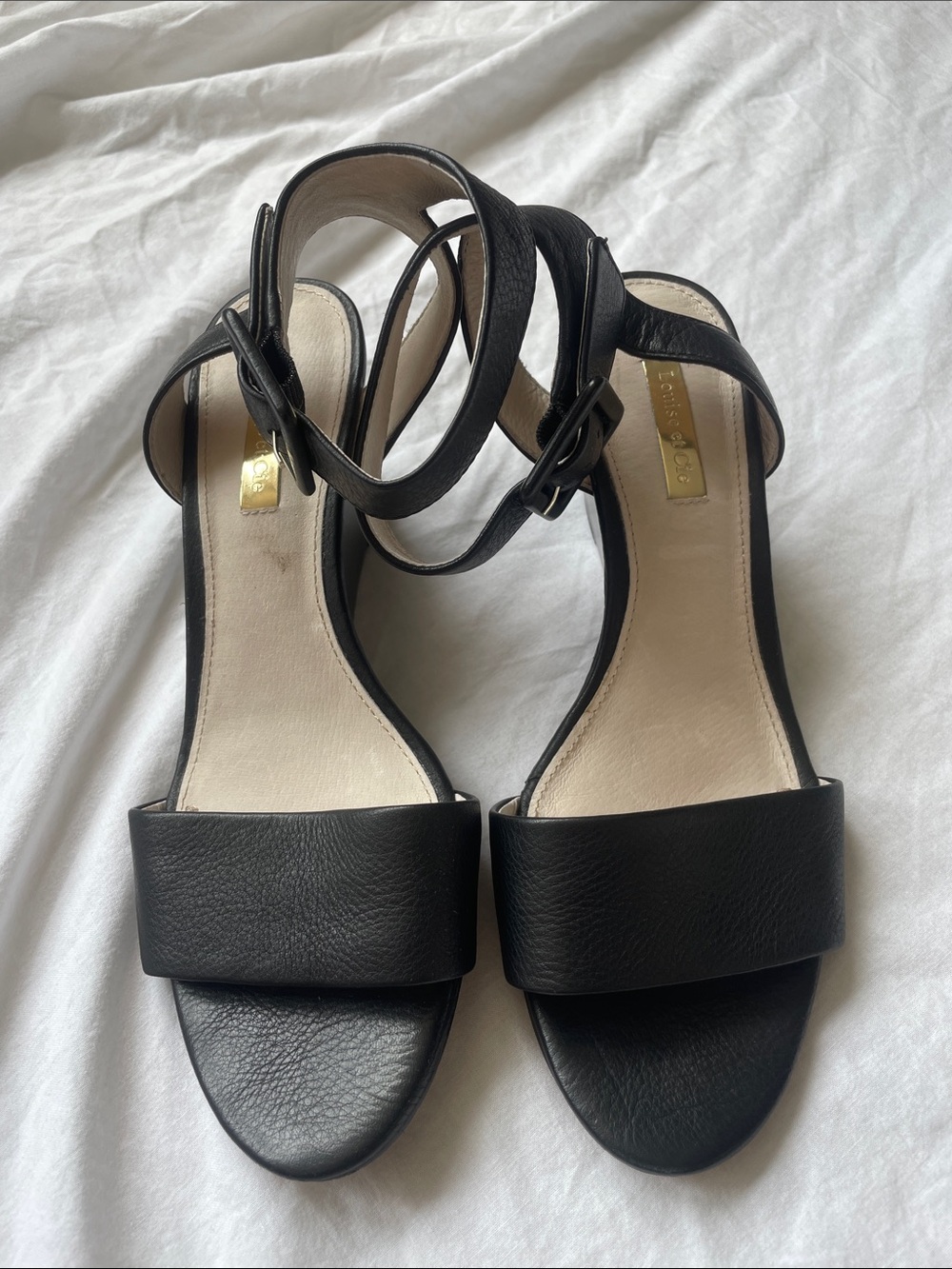 Louise et Cie Black Leather Ankle-Strap Wedge Sandals